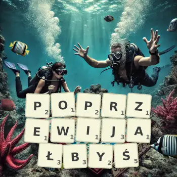 Kreatywna ilustracja do gry w Scrabble ze słowem POPRZEWIJAŁBYŚ ułożonym z płytek na planszy.