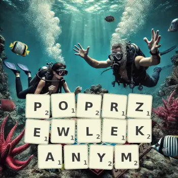 Kreatywna ilustracja do gry w Scrabble ze słowem POPRZEWLEKANYM ułożonym z płytek na planszy.