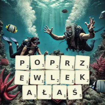 Kreatywna ilustracja do gry w Scrabble ze słowem POPRZEWLEKAŁAŚ ułożonym z płytek na planszy.