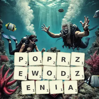 Kreatywna ilustracja do gry w Scrabble ze słowem POPRZEWODZENIA ułożonym z płytek na planszy.