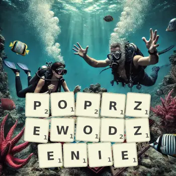 Kreatywna ilustracja do gry w Scrabble ze słowem POPRZEWODZENIE ułożonym z płytek na planszy.