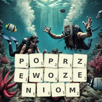 Kreatywna ilustracja do gry w Scrabble ze słowem POPRZEWOZENIOM ułożonym z płytek na planszy.