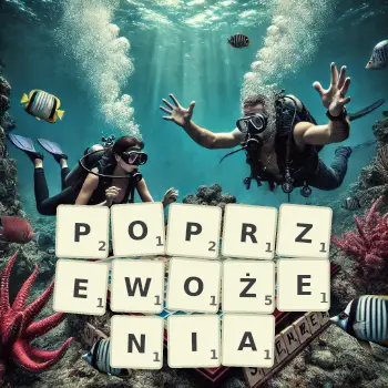 Kreatywna ilustracja do gry w Scrabble ze słowem POPRZEWOŻENIA ułożonym z płytek na planszy.
