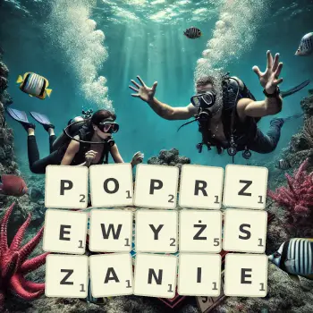 Kreatywna ilustracja do gry w Scrabble ze słowem POPRZEWYŻSZANIE ułożonym z płytek na planszy.