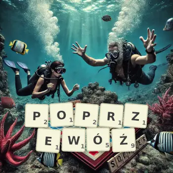 Kreatywna ilustracja do gry w Scrabble ze słowem POPRZEWÓŹ ułożonym z płytek na planszy.