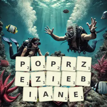 Kreatywna ilustracja do gry w Scrabble ze słowem POPRZEZIEBIANE ułożonym z płytek na planszy.