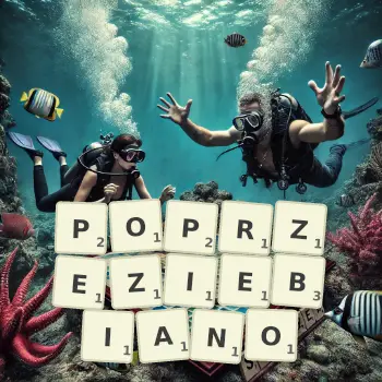 Kreatywna ilustracja do gry w Scrabble ze słowem POPRZEZIEBIANO ułożonym z płytek na planszy.