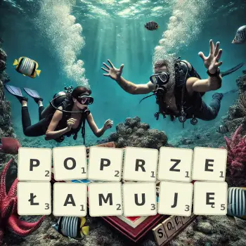 Kreatywna ilustracja do gry w Scrabble ze słowem POPRZEŁAMUJĘ ułożonym z płytek na planszy.