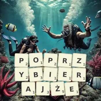 Kreatywna ilustracja do gry w Scrabble ze słowem POPRZYBIERAJŻE ułożonym z płytek na planszy.