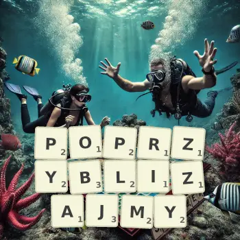 Kreatywna ilustracja do gry w Scrabble ze słowem POPRZYBLIZAJMY ułożonym z płytek na planszy.