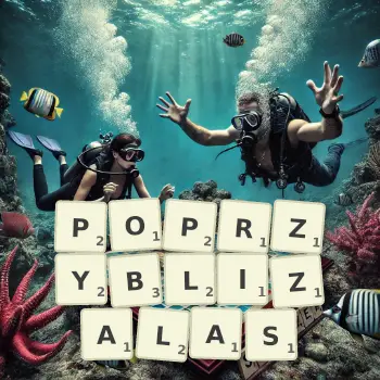 Kreatywna ilustracja do gry w Scrabble ze słowem POPRZYBLIZALAS ułożonym z płytek na planszy.