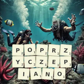 Kreatywna ilustracja do gry w Scrabble ze słowem POPRZYCZEPIANO ułożonym z płytek na planszy.