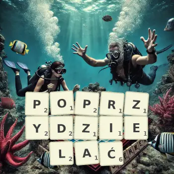 Kreatywna ilustracja do gry w Scrabble ze słowem POPRZYDZIELAĆ ułożonym z płytek na planszy.