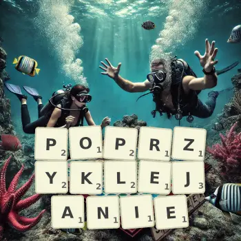 Kreatywna ilustracja do gry w Scrabble ze słowem POPRZYKLEJANIE ułożonym z płytek na planszy.