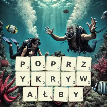Kreatywna ilustracja do gry w Scrabble ze słowem POPRZYKRYWAŁBY ułożonym z płytek na planszy.