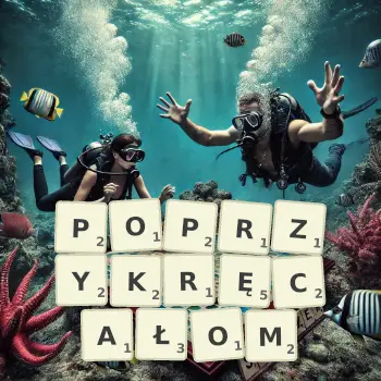 Kreatywna ilustracja do gry w Scrabble ze słowem POPRZYKRĘCAŁOM ułożonym z płytek na planszy.