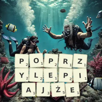 Kreatywna ilustracja do gry w Scrabble ze słowem POPRZYLEPIAJŻE ułożonym z płytek na planszy.