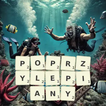 Kreatywna ilustracja do gry w Scrabble ze słowem POPRZYLEPIANY ułożonym z płytek na planszy.
