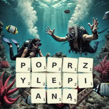 Kreatywna ilustracja do gry w Scrabble ze słowem POPRZYLEPIANĄ ułożonym z płytek na planszy.