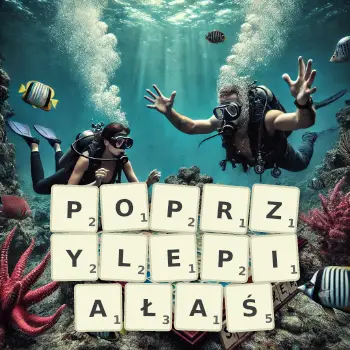 Kreatywna ilustracja do gry w Scrabble ze słowem POPRZYLEPIAŁAŚ ułożonym z płytek na planszy.