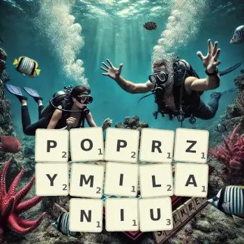Kreatywna ilustracja do gry w Scrabble ze słowem POPRZYMILANIU ułożonym z płytek na planszy.