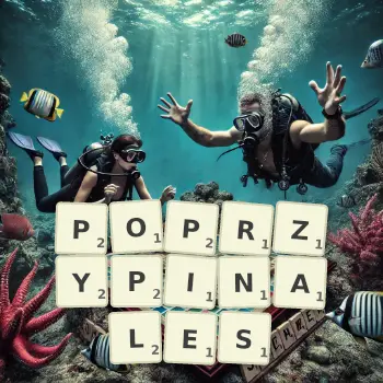 Kreatywna ilustracja do gry w Scrabble ze słowem POPRZYPINALES ułożonym z płytek na planszy.