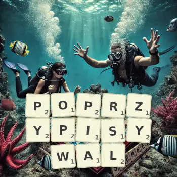 Kreatywna ilustracja do gry w Scrabble ze słowem POPRZYPISYWAL ułożonym z płytek na planszy.