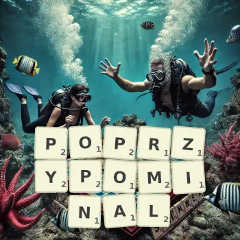 Kreatywna ilustracja do gry w Scrabble ze słowem POPRZYPOMINAL ułożonym z płytek na planszy.