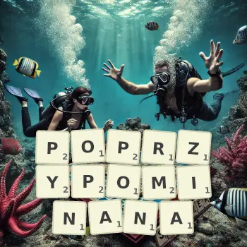 Kreatywna ilustracja do gry w Scrabble ze słowem POPRZYPOMINANA ułożonym z płytek na planszy.