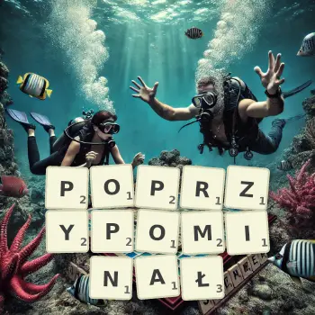 Kreatywna ilustracja do gry w Scrabble ze słowem POPRZYPOMINAŁ ułożonym z płytek na planszy.