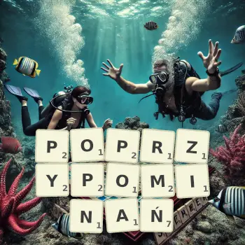 Kreatywna ilustracja do gry w Scrabble ze słowem POPRZYPOMINAŃ ułożonym z płytek na planszy.