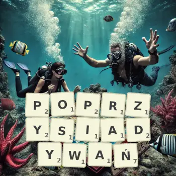 Kreatywna ilustracja do gry w Scrabble ze słowem POPRZYSIADYWAŃ ułożonym z płytek na planszy.