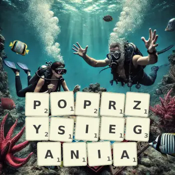 Kreatywna ilustracja do gry w Scrabble ze słowem POPRZYSIEGANIA ułożonym z płytek na planszy.
