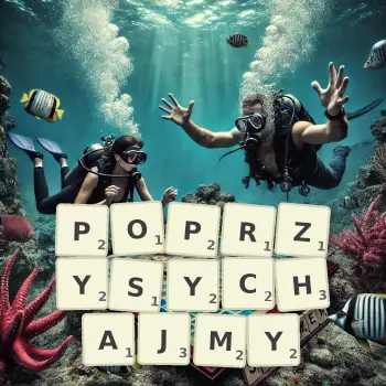 Kreatywna ilustracja do gry w Scrabble ze słowem POPRZYSYCHAJMY ułożonym z płytek na planszy.