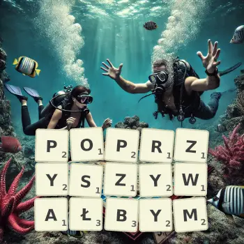 Kreatywna ilustracja do gry w Scrabble ze słowem POPRZYSZYWAŁBYM ułożonym z płytek na planszy.
