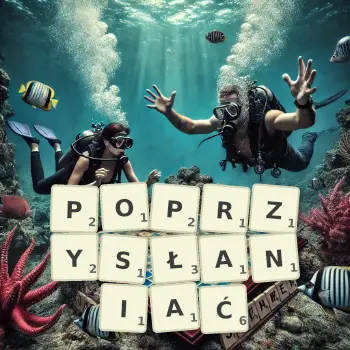 Kreatywna ilustracja do gry w Scrabble ze słowem POPRZYSŁANIAĆ ułożonym z płytek na planszy.
