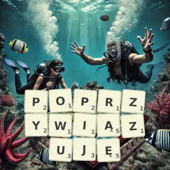 Kreatywna ilustracja do gry w Scrabble ze słowem POPRZYWIĄZUJĘ ułożonym z płytek na planszy.