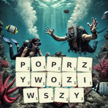 Kreatywna ilustracja do gry w Scrabble ze słowem POPRZYWOZIWSZY ułożonym z płytek na planszy.