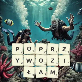 Kreatywna ilustracja do gry w Scrabble ze słowem POPRZYWOZIŁAM ułożonym z płytek na planszy.