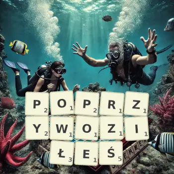 Kreatywna ilustracja do gry w Scrabble ze słowem POPRZYWOZIŁEŚ ułożonym z płytek na planszy.