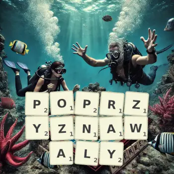 Kreatywna ilustracja do gry w Scrabble ze słowem POPRZYZNAWALY ułożonym z płytek na planszy.