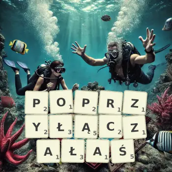 Kreatywna ilustracja do gry w Scrabble ze słowem POPRZYŁĄCZAŁAŚ ułożonym z płytek na planszy.