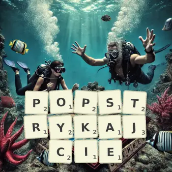 Kreatywna ilustracja do gry w Scrabble ze słowem POPSTRYKAJCIE ułożonym z płytek na planszy.