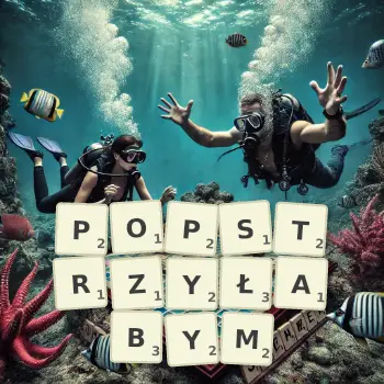 Kreatywna ilustracja do gry w Scrabble ze słowem POPSTRZYŁABYM ułożonym z płytek na planszy.