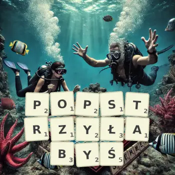 Kreatywna ilustracja do gry w Scrabble ze słowem POPSTRZYŁABYŚ ułożonym z płytek na planszy.