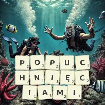 Kreatywna ilustracja do gry w Scrabble ze słowem POPUCHNIĘCIAMI ułożonym z płytek na planszy.