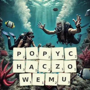 Kreatywna ilustracja do gry w Scrabble ze słowem POPYCHACZOWEMU ułożonym z płytek na planszy.