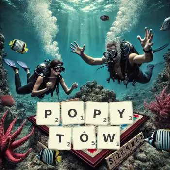 Kreatywna ilustracja do gry w Scrabble ze słowem POPYTÓW ułożonym z płytek na planszy.