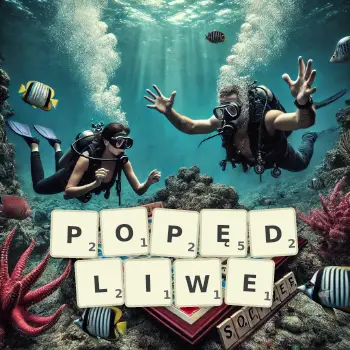 Kreatywna ilustracja do gry w Scrabble ze słowem POPĘDLIWE ułożonym z płytek na planszy.