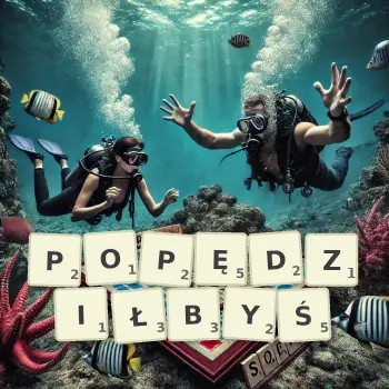 Kreatywna ilustracja do gry w Scrabble ze słowem POPĘDZIŁBYŚ ułożonym z płytek na planszy.
